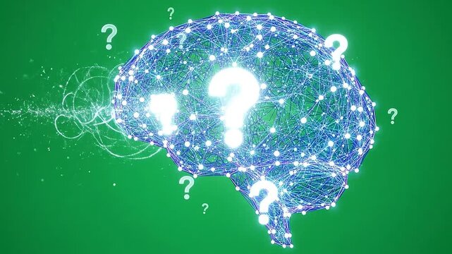 A glowing digital brain with question marks and light bulbs on a green background