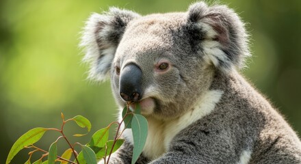Obraz premium A furry gray arboreal mammal enjoys eucalyptus leaves in its natural habitat