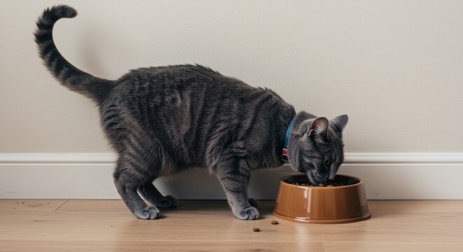 Blue tabby cat eating from a ceramic bowl on a hardwood floor, healthy pet feeding scene with copy space for veterinary blog or animal food brand marketing header