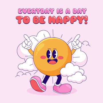 Vintage retro cartoon sun character with clouds in 1930s rubber hose animation style
