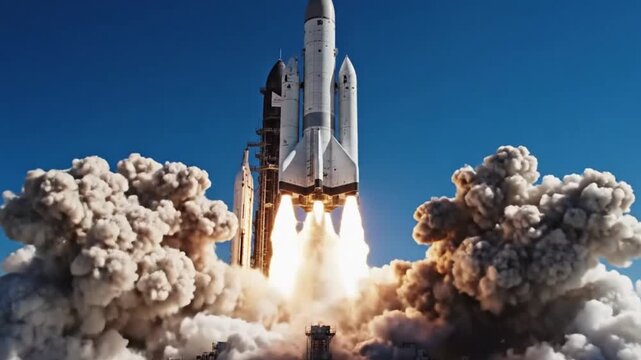 Powerful space rocket breaking free from launch pad, blazing engines casting warm glow against clear blue sky, dense swirling exhaust plume spreading dramatically, high-detail structural elements
