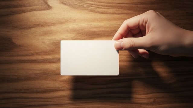 Person Hand Holding Blank White Business Card over Wooden Surface