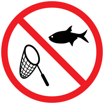 No Catching Fish Sign, Fishing Prohibited Symbol, Red Circle Slash Icon, Vector Isolated on White