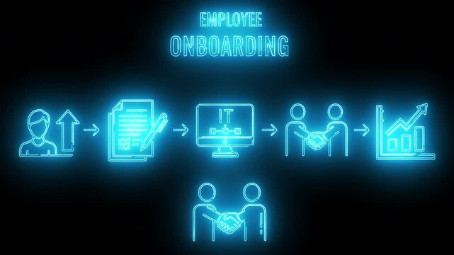 Neon-lit infographic depicting the employee onboarding process on a dark background with glowing blue icons.