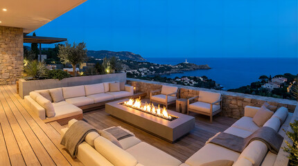 Obraz premium Luxurious outdoor patio with modern furniture and fire pit overlooking ocean view at dusk with stone wall and wooden deck