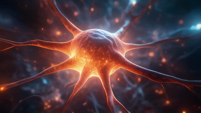 "Glowing neuron with radiant soma and branching dendrites in orange-red hues, symbolizing connectivity, signal transmission, and the intricate complexity of neural networks."