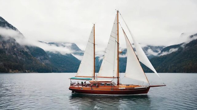 Classic wooden sailboat cruising on serene lake with misty mountain backdrop in overcast light