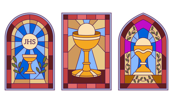 Glass church windows vector illustrations. Catholic frames, medieval cross art, chapel monastery interior. Bright mosaic colorful glasses.