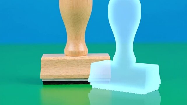 A wooden stamp with a handle on a green surface with a blue background, close-up