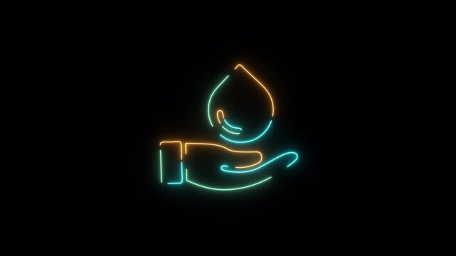 Hand and water icon, in green, blue, and yellow with glowing animation on a transparent background, 4K video