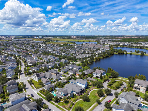 Residential homes with downtown Lake Nona in the distance in Orlando in Orange County, Florida.