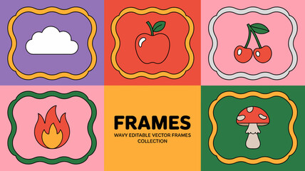 Fototapeta premium A colorful collection of six wavy frames showcasing various whimsical illustrations including clouds apples cherries fire and mushrooms high quality professional detailed modern elegant stylish clean