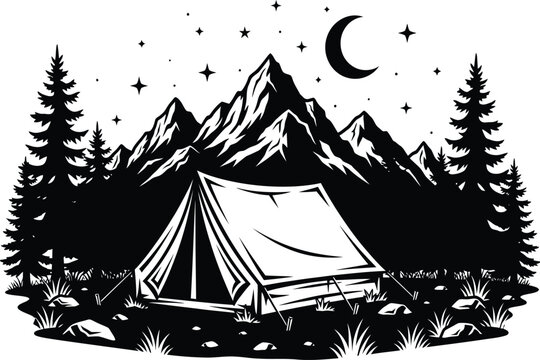 Black and White Vector Illustration of a Camping Tent in the Mountains Under a Crescent Moon and Stars for Outdoor Adventure Design