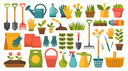 A colorful assortment of gardening tools and supplies including shovels pots gloves and seeds arranged on a white background high quality professional detailed modern elegant stylish © rocky