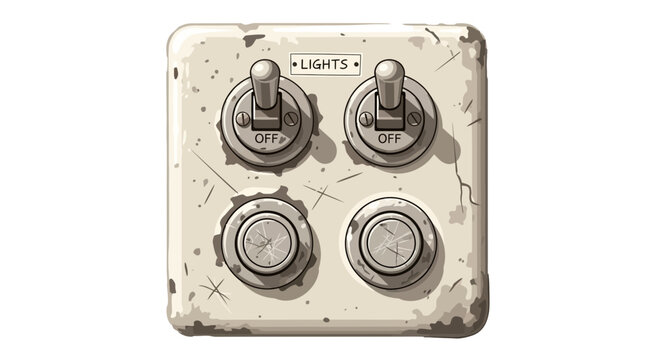Vintage light switch panel with four toggles, showing signs of age and wear.