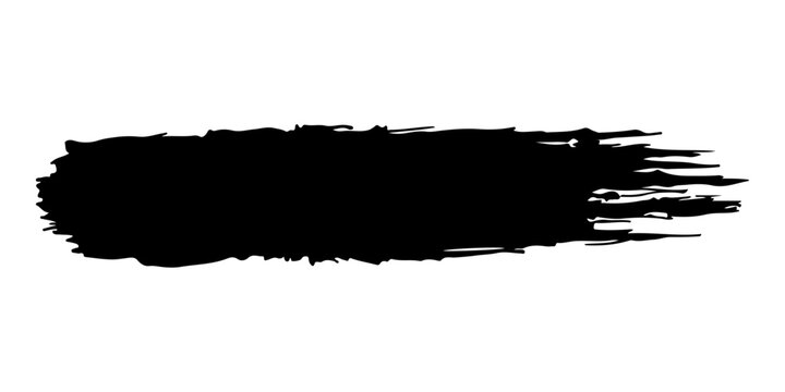 bold black style paint brush stroke with rough, textured edges and visible bristle marks. The stroke features a dense, opaque center that gradually fades into dry brush streaks toward the ends.
