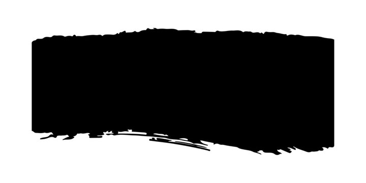 bold black style paint brush stroke with rough, textured edges and visible bristle marks. The stroke features a dense, opaque center that gradually fades into dry brush streaks toward the ends.