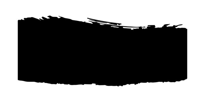 bold black style paint brush stroke with rough, textured edges and visible bristle marks. The stroke features a dense, opaque center that gradually fades into dry brush streaks toward the ends.