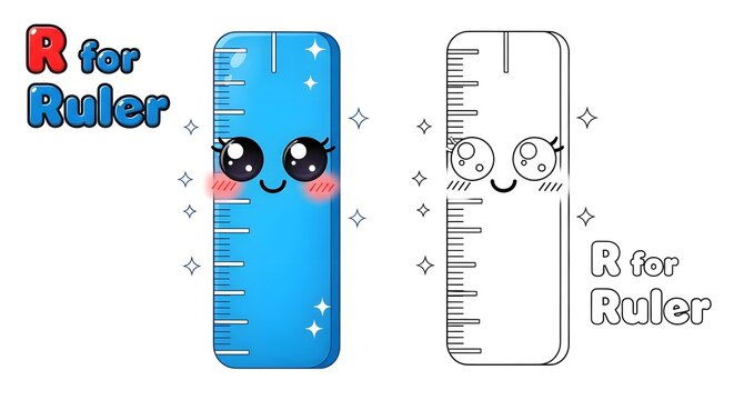 Kawaii blue ruler coloring page for children's educational alphabet letter R learning