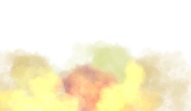 Colorful thick smoke flow explosion cutout PNG. Abstract fluffy clouds, smoke vapours steam effect. Realistic festive color smoke flowing on transparent background.