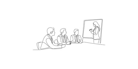 Fototapeta premium Continuous line drawing of businesswoman presenting to three colleagues in a meeting