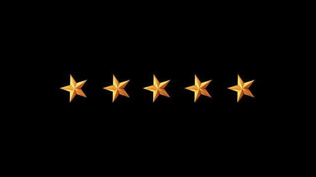 Five glowing golden stars rating sparkling particle burst background. luxury quality excellence glittering light effects. product reviews award visuals, premium branding, feedback graphics promotional