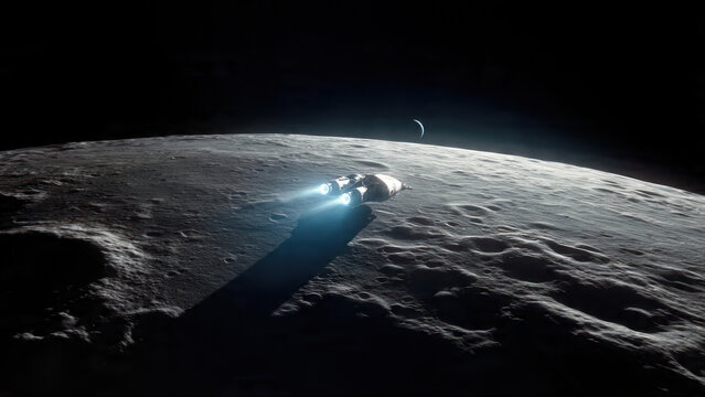 Photorealistic sci-fi scene of a spaceship with glowing blue thrusters flying low over the moon surface, Earth crescent and sun rising in background, detailed lunar craters and texture, deep black spa