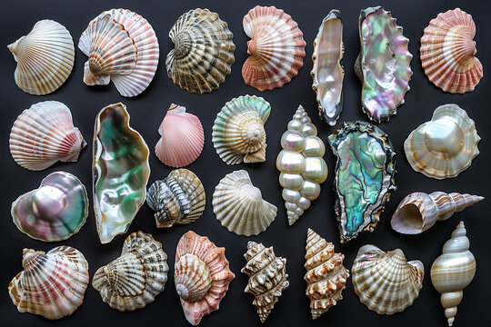 Iridescent mother-of-pearl seashells in pastel colors scattered gracefully on a pure black background