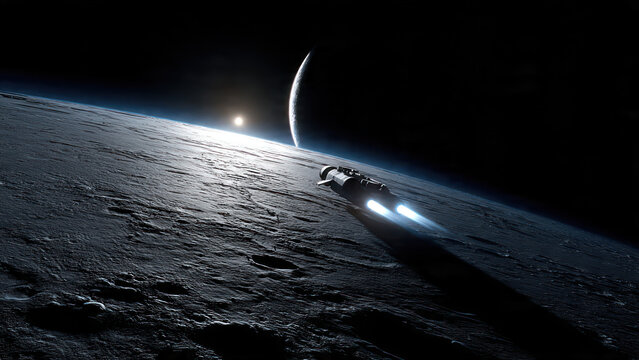 Photorealistic sci-fi scene of a spaceship with glowing blue thrusters flying low over the moon surface, Earth crescent and sun rising in background, detailed lunar craters and texture, deep black spa