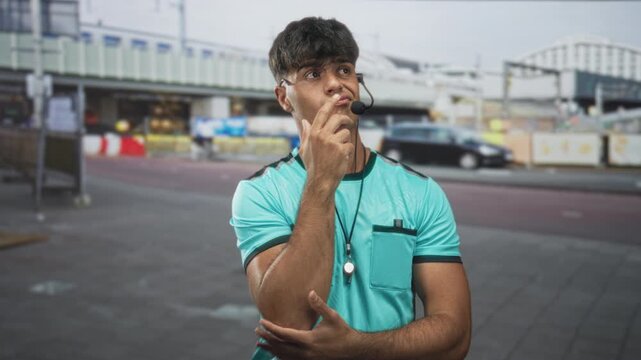 Man in referee uniform gestures with open palms, headset microphone and whistle at airport curbside; confusion concern.