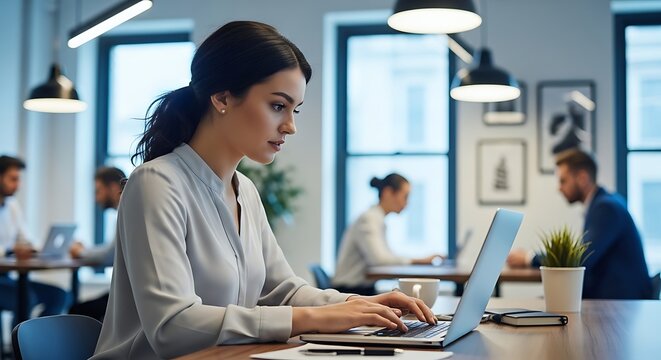 A focused woman types on a laptop in a productive co working office environment with colleagues working diligently in the blurred background showcasing a collaborative professional atmosphere
