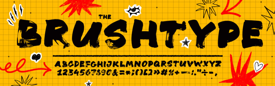 Bold brush drawn alphabet, childish capital letters. Grunge thick hand drawn letters, numbers and typography signs. Graffiti vector typeset on yellow background with doodle scribble scrapbook elements