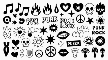 Fototapeta premium A collection of black and white punk rock themed stickers and icons featuring musical notes flames skulls lips and various symbols high quality professional detailed modern