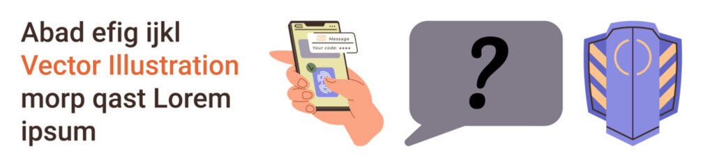 Cybersecurity, online safety, data protection, digital communication, authentication, information sharing. A smartphone with a chat bubble, query icon and security shield. Cybersecurity and online © robu_s