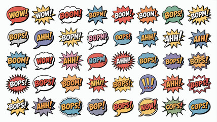 A vibrant collection of comic book style speech bubbles filled with onomatopoeia like wow boom ahh and oops is displayed high quality professional detailed modern elegant © DesignHub