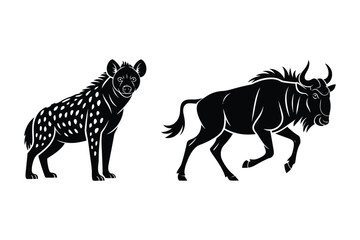 Fototapeta premium Hyena and wildebeest silhouette vector illustration with wildebeest, predator