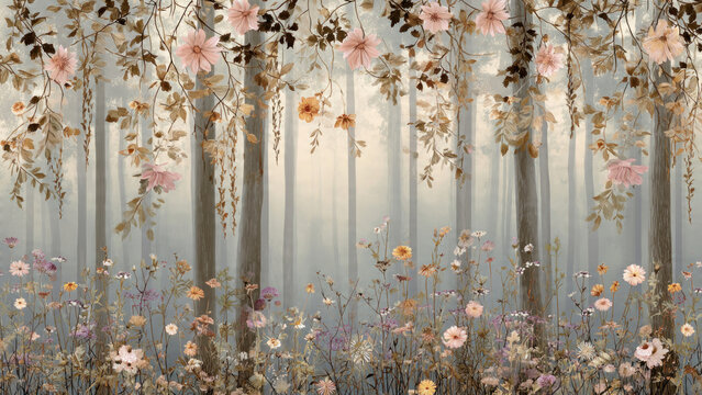 Dreamy painterly illustration of a misty forest with tall slender trees, golden brown leaves hanging from branches in foreground, field of wildflowers in purple, pink and white at the bottom, soft fog