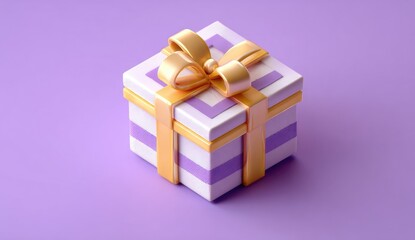 Obraz premium A pristine white gift box with purple stripes and a gold ribbon on a purple background