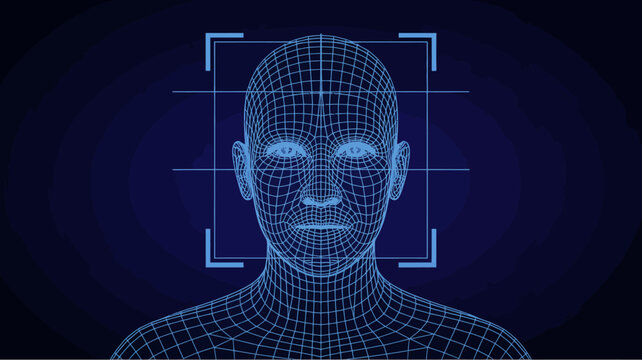 A blue wireframe of a human head is centered framed by a rectangular grid depicting facial recognition technology high quality professional detailed modern elegant stylish clean