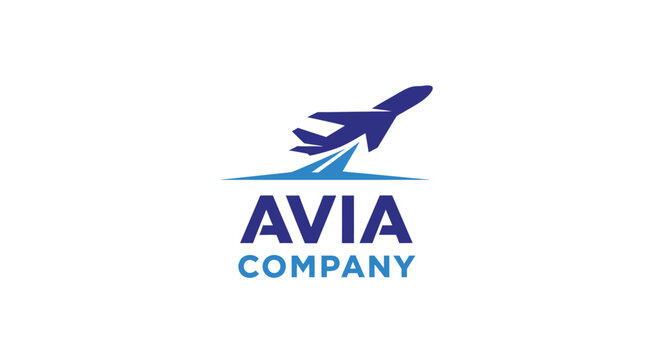 Avia Company logo featuring a blue airplane taking off, representing travel and aviation services.