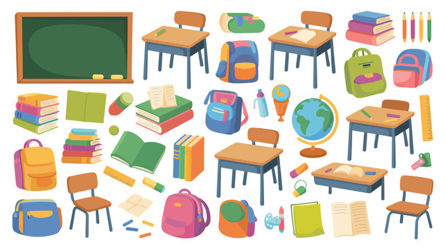 A colorful illustration depicts various school supplies and furniture including desks chairs books backpacks and a chalkboard high quality professional detailed modern elegant stylish clean crisp