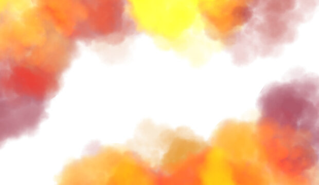 Colorful thick smoke flow explosion cutout PNG. Abstract fluffy clouds, smoke vapours steam effect. Realistic festive color smoke flowing on transparent background.