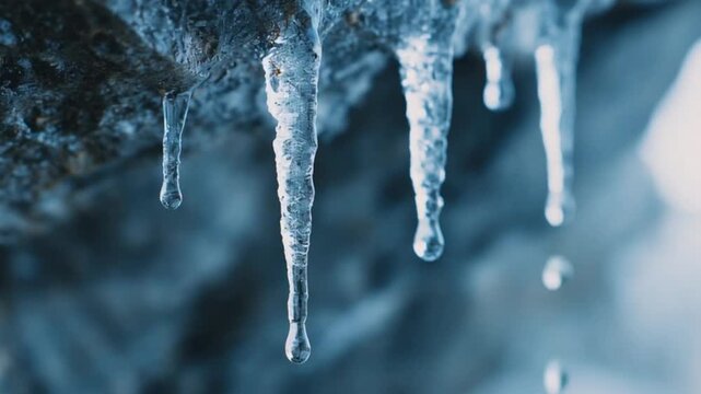 Transparent frozen icicles hang from a cold winter roof and window against a clear blue sky during the icy frost of the christmas season