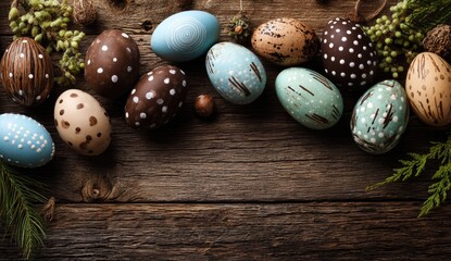 Obraz premium Painted Easter eggs with textures and patterns on a rustic wooden surface