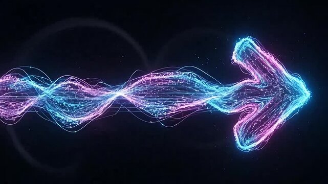 An abstract illustration of a glowing arrow pointing to the right on a dark background