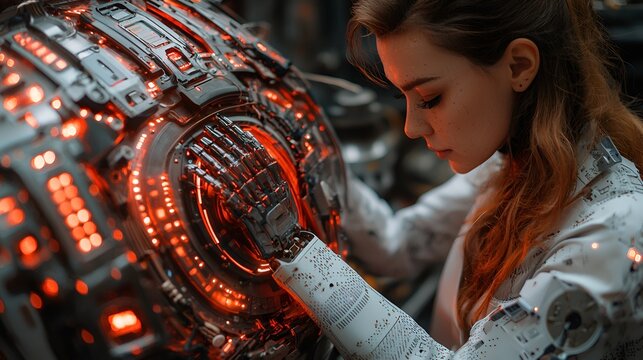 Woman with prosthetic arm examines futuristic sphere.