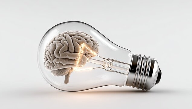 A brain glowing with ideas inside a clear light bulb on a white background