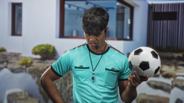Young hispanic man referee holding soccer ball with hand on hip, headset microphone and whistle visible in building; frustration duty.