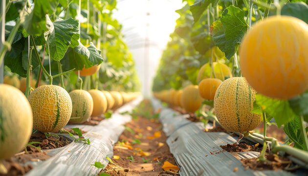 A serene greenhouse filled with vibrant melons and lush greenery