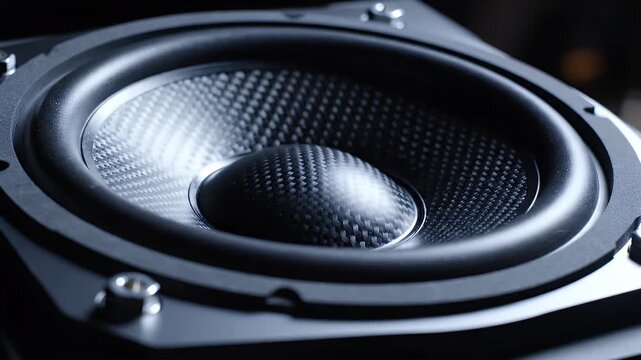 Close-up of a black speaker with a shiny silver woofer and tweeter on a dark background